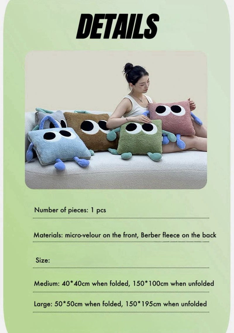 Big Eyes 2-In-1 Convertible Throw Pillow Blanket, Cute Whimsical Soft Cushion