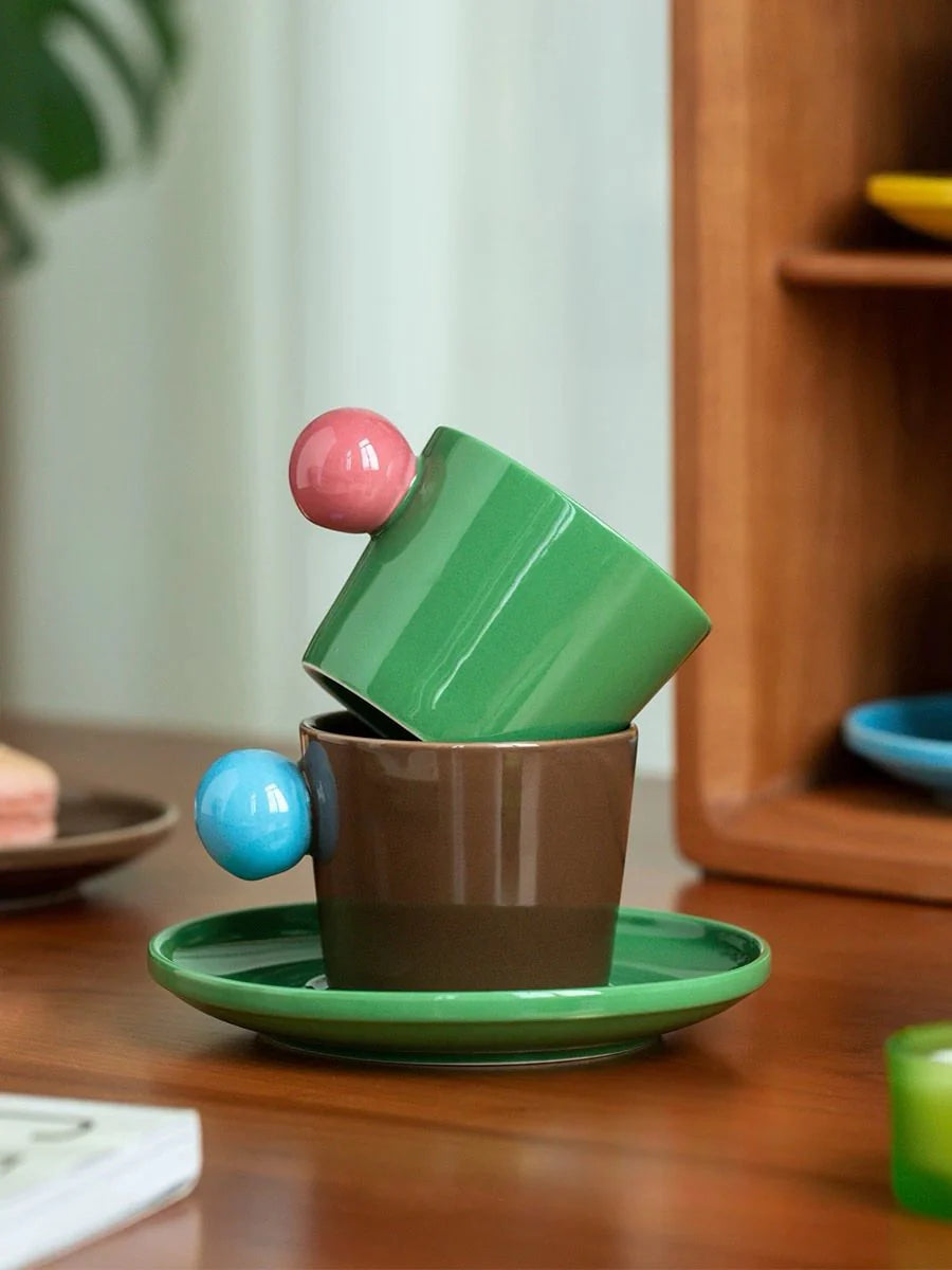 Handmade Skittles Coffee Mug with Saucer - Cute Dopamine Espresso Cup