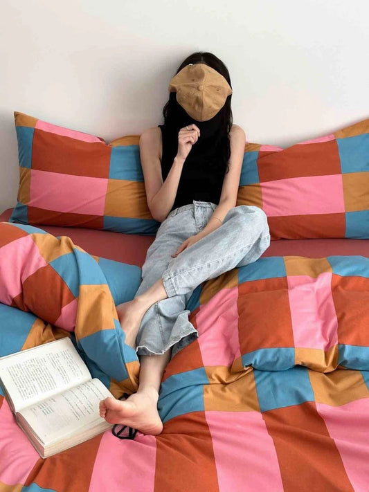 Rainbow Checker Queen Duvet Cover Set with Pillowcases & Fitted Sheet