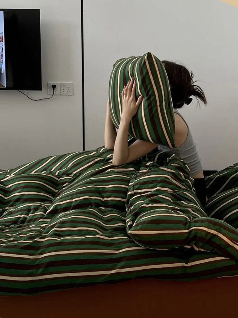 Retro Jersey Knit Stripe Queen Duvet Cover Set with Pillowcases & Fitted Sheet