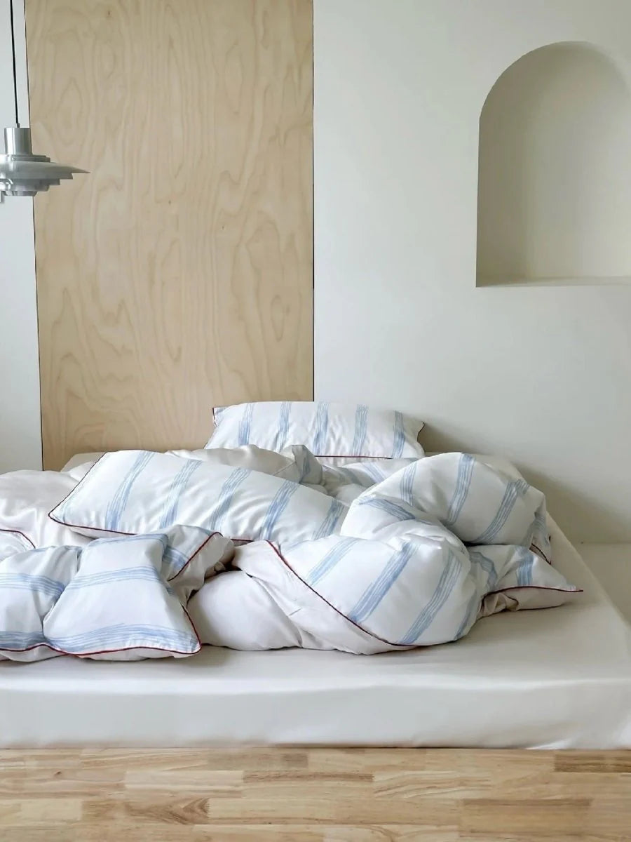 Elegant Coastal Silky Smooth Tencel Lyocell Queen Size Pastel Stripe Duvet Cover Set