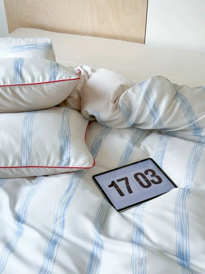 Elegant Coastal Silky Smooth Tencel Lyocell Queen Size Pastel Stripe Duvet Cover Set