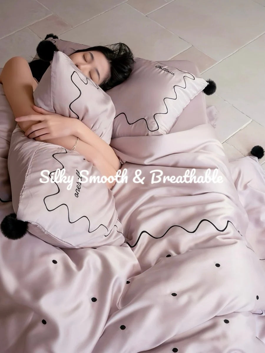 Elegant Polka Dot Silky Smooth Tencel Lyocell Queen Size Duvet Cover Set