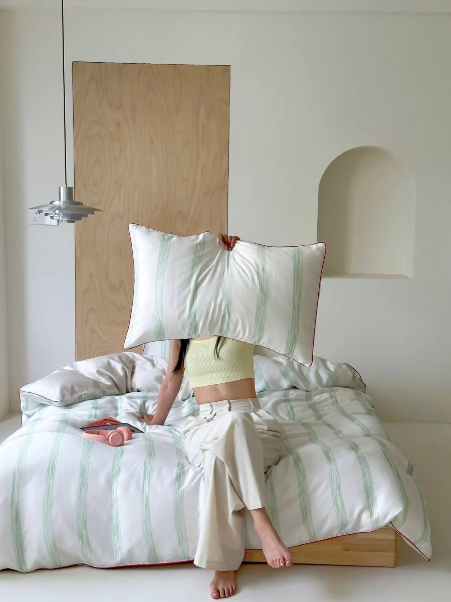 Elegant Coastal Pastel Stripe Silky Smooth Tencel Lyocell Duvet Cover Set - Queen Size