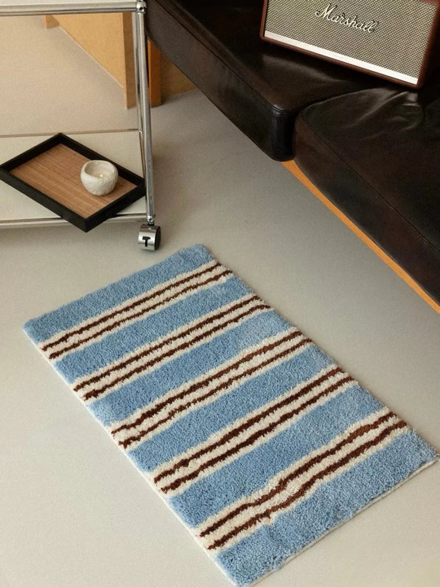 Ultra Soft Retro Blue Stripe Bath Rug, Absorbent Mat