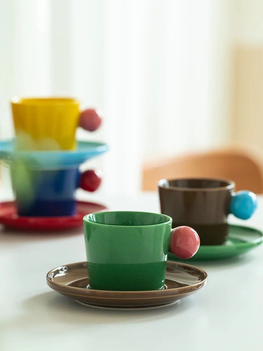 Handmade Skittles Coffee Mug with Saucer - Cute Dopamine Espresso Cup