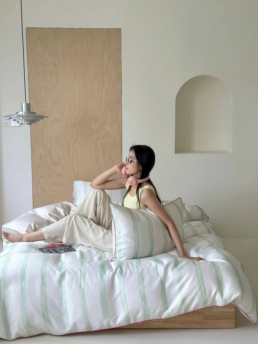 Elegant Coastal Pastel Stripe Silky Smooth Tencel Lyocell Duvet Cover Set - Queen Size