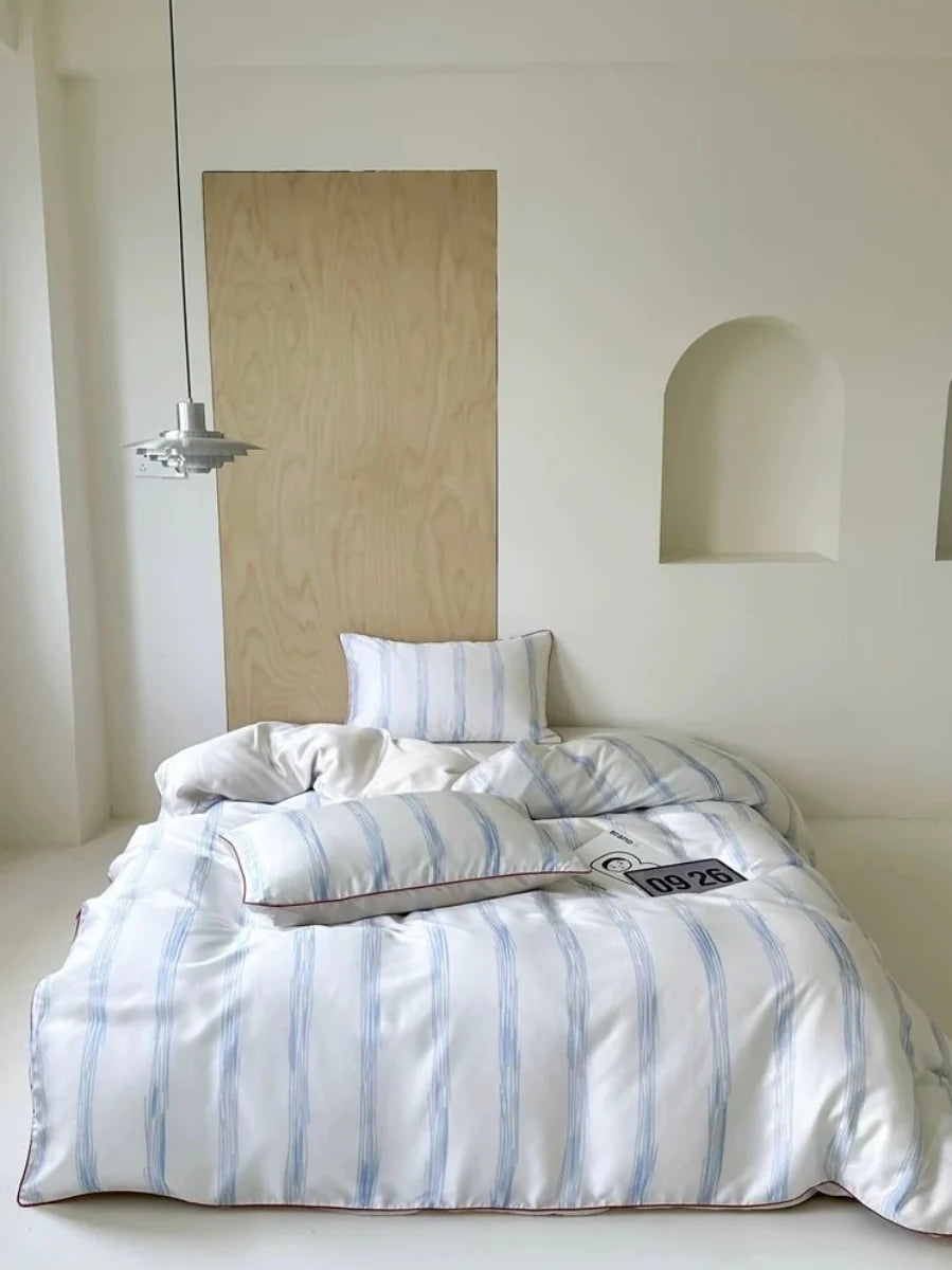 Elegant Coastal Silky Smooth Tencel Lyocell Queen Size Pastel Stripe Duvet Cover Set