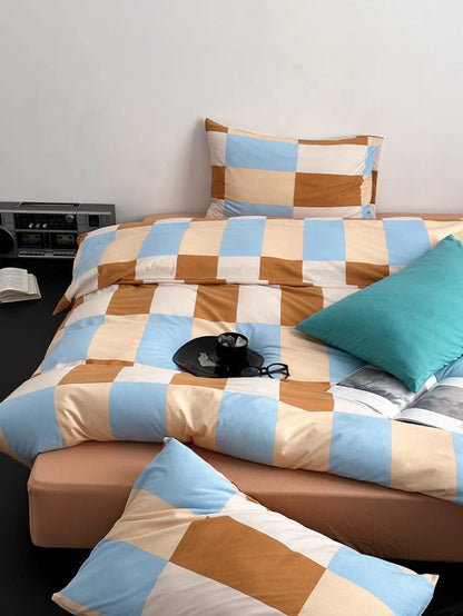 Dopamine Checker Queen Duvet Cover Set with Pillowcases & Fitted Sheet