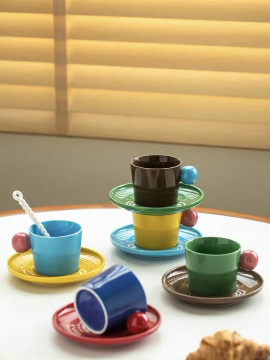 Handmade Skittles Coffee Mug with Saucer - Cute Dopamine Espresso Cup