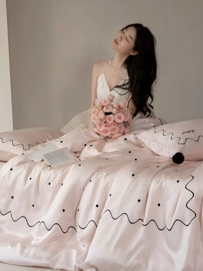 Elegant Retro Polka Dot Silky Tencel Lyocell Queen Size Duvet Cover Set