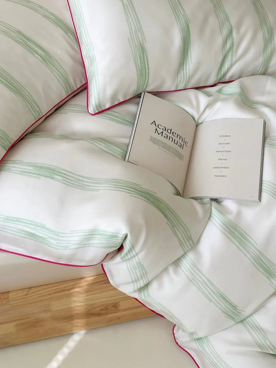 Elegant Coastal Pastel Stripe Silky Smooth Tencel Lyocell Duvet Cover Set - Queen Size