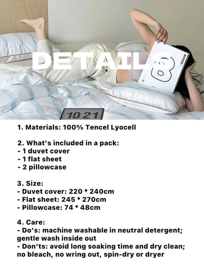 Elegant Coastal Silky Smooth Tencel Lyocell Queen Size Pastel Stripe Duvet Cover Set