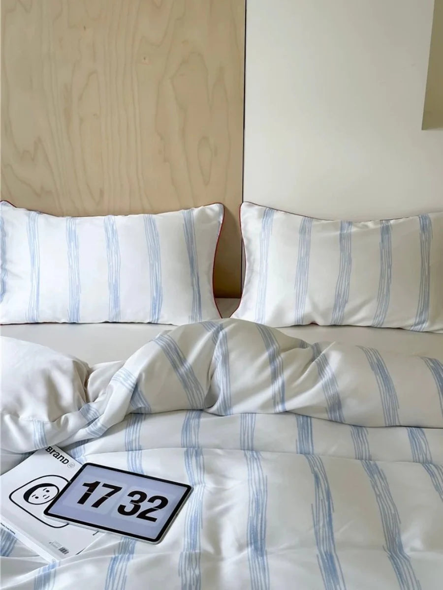 Elegant Coastal Silky Smooth Tencel Lyocell Queen Size Pastel Stripe Duvet Cover Set