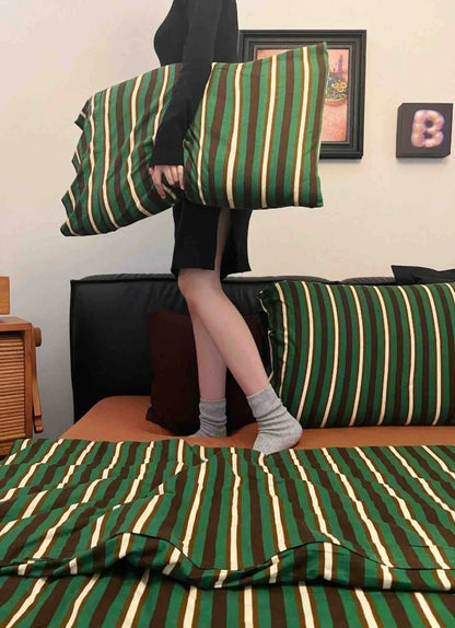 Retro Jersey Knit Stripe Queen Duvet Cover Set with Pillowcases & Fitted Sheet