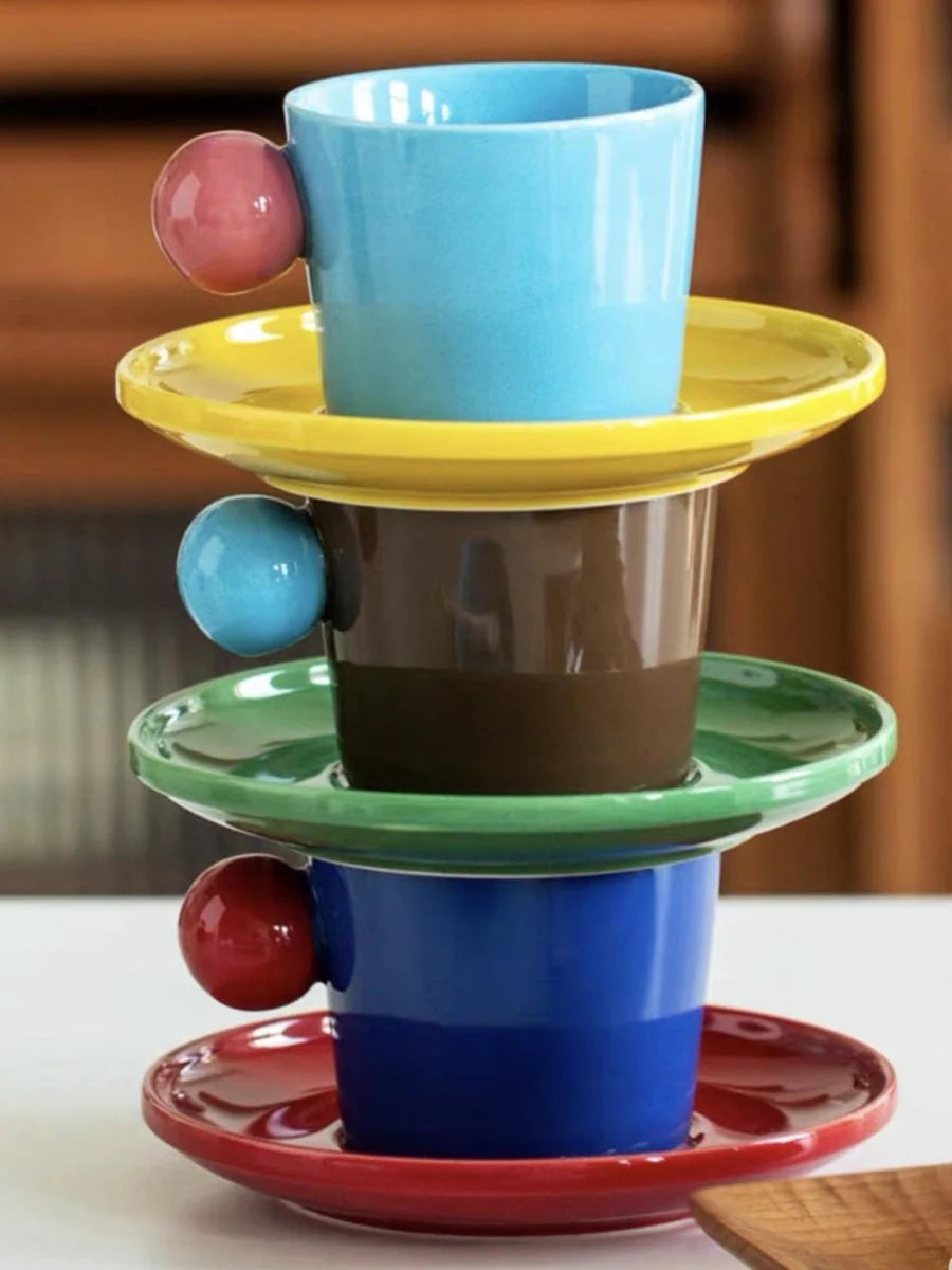 Handmade Skittles Coffee Mug with Saucer - Cute Dopamine Espresso Cup