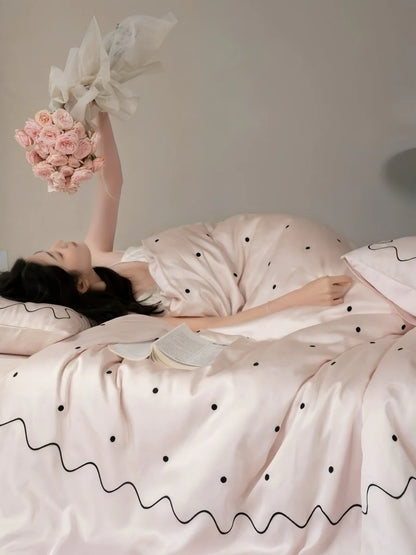 Elegant Retro Polka Dot Silky Tencel Lyocell Queen Size Duvet Cover Set