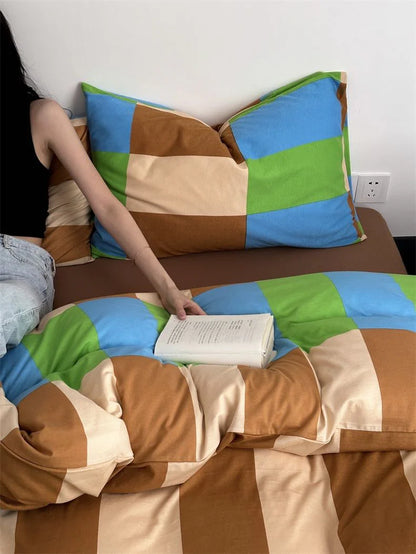 Dopamine Checker Queen Duvet Cover Set with Pillowcases & Fitted Sheet