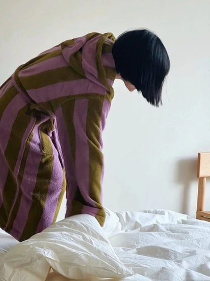 Ultra Soft Retro Whimsical Stripe Bath Robe - 100% Organic Long-Stapled Cotton