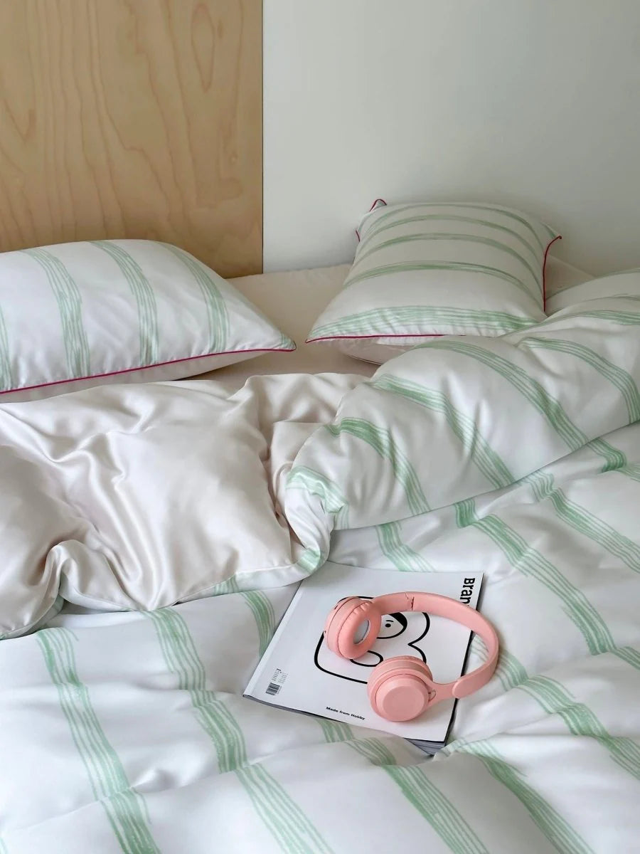 Elegant Coastal Pastel Stripe Silky Smooth Tencel Lyocell Duvet Cover Set - Queen Size