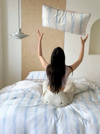 Elegant Coastal Silky Smooth Tencel Lyocell Queen Size Pastel Stripe Duvet Cover Set