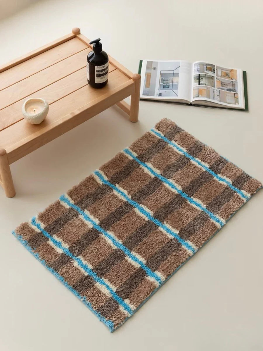 Ultra Soft Retro Earthy Tone Checker Bath Rug, Absorbent Mat