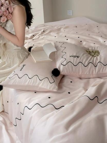 Elegant Retro Polka Dot Silky Tencel Lyocell Queen Size Duvet Cover Set