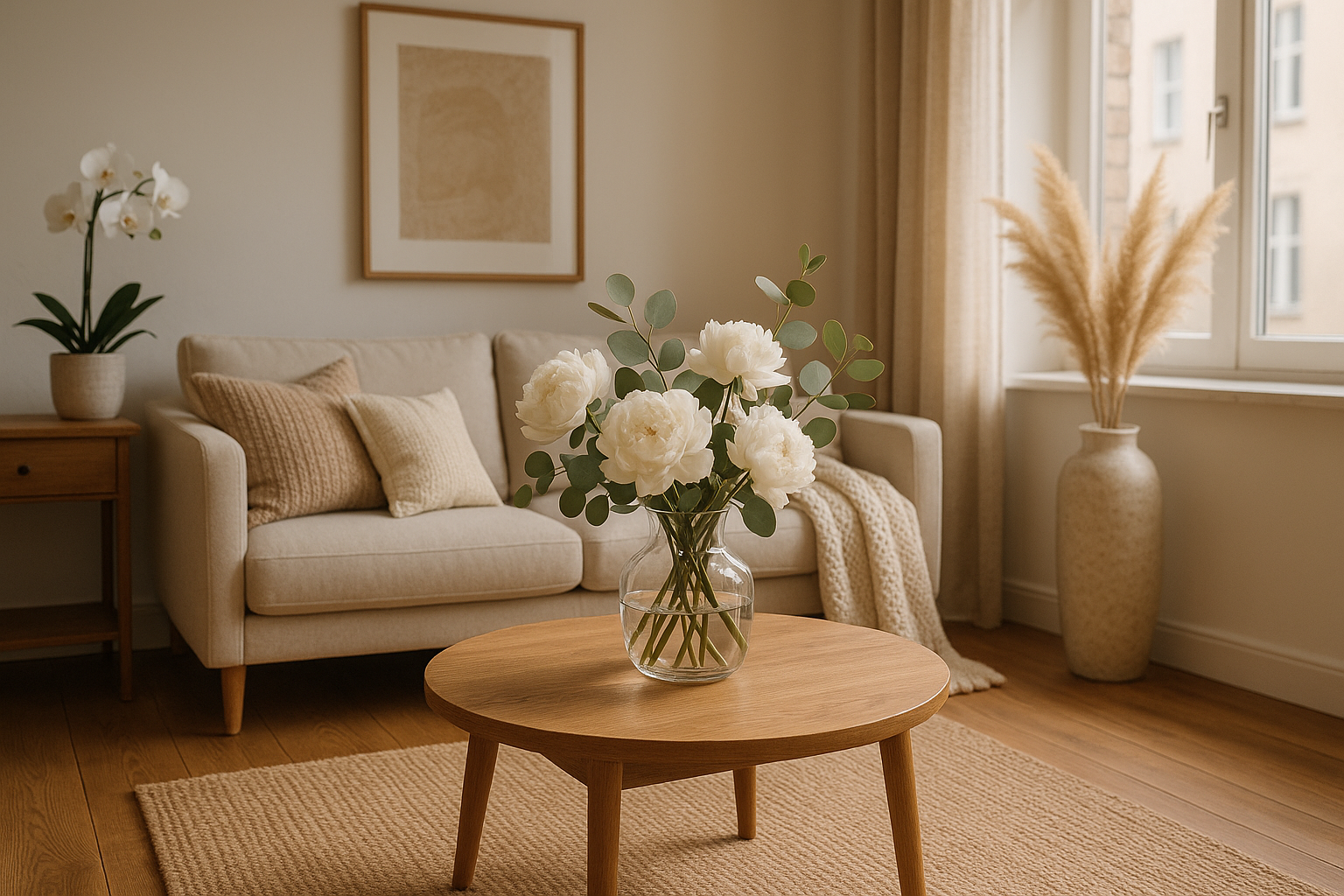 generate an image with interior decors and flowers and make it look real